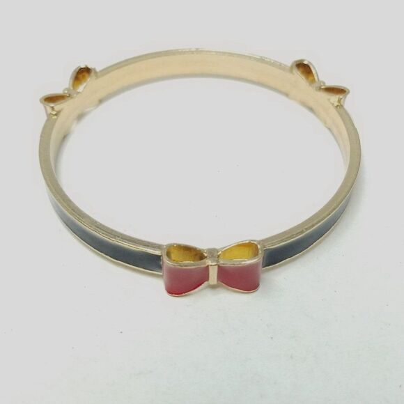 Vintage Black and Red Bow Bangle Bracelet, Gold Tone and Enamel, Stacking - Picture 2 of 5